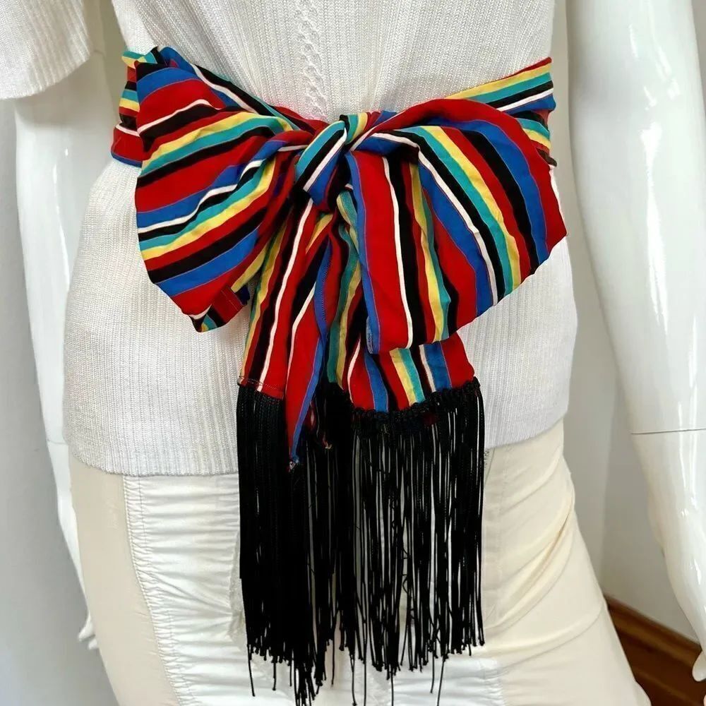 Handmade One of a Kind Gypsy Boho Rainbow Striped Fringe Tassel Hem Belt / Scarf